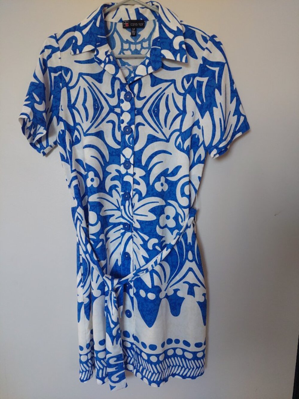Carré Noir Women's Sz S Shirt Dress Blue Belted White Tropical pattern - Picture 6 of 10